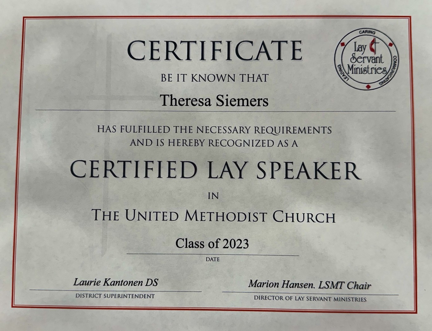 Theresa Siemers Certificate