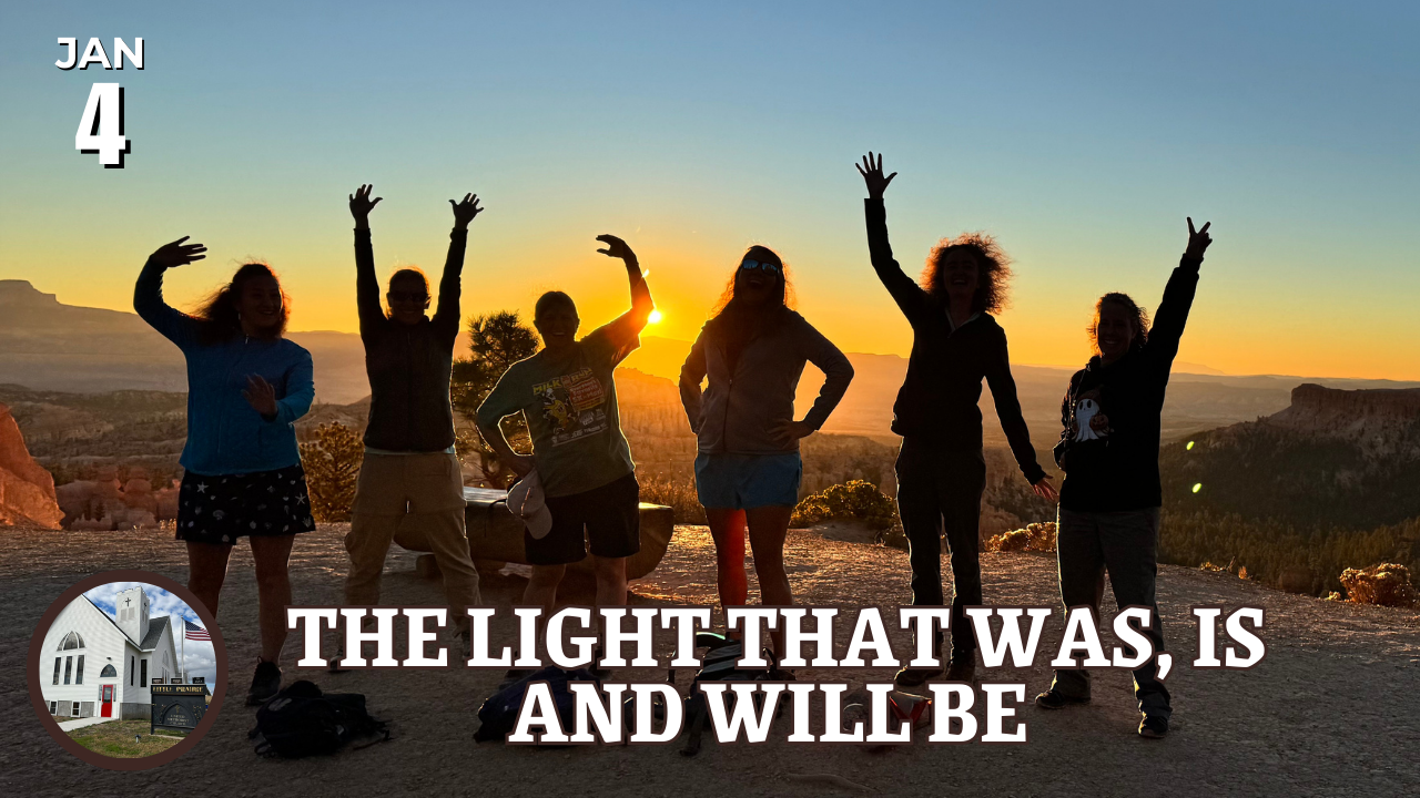 People with sunrise behind