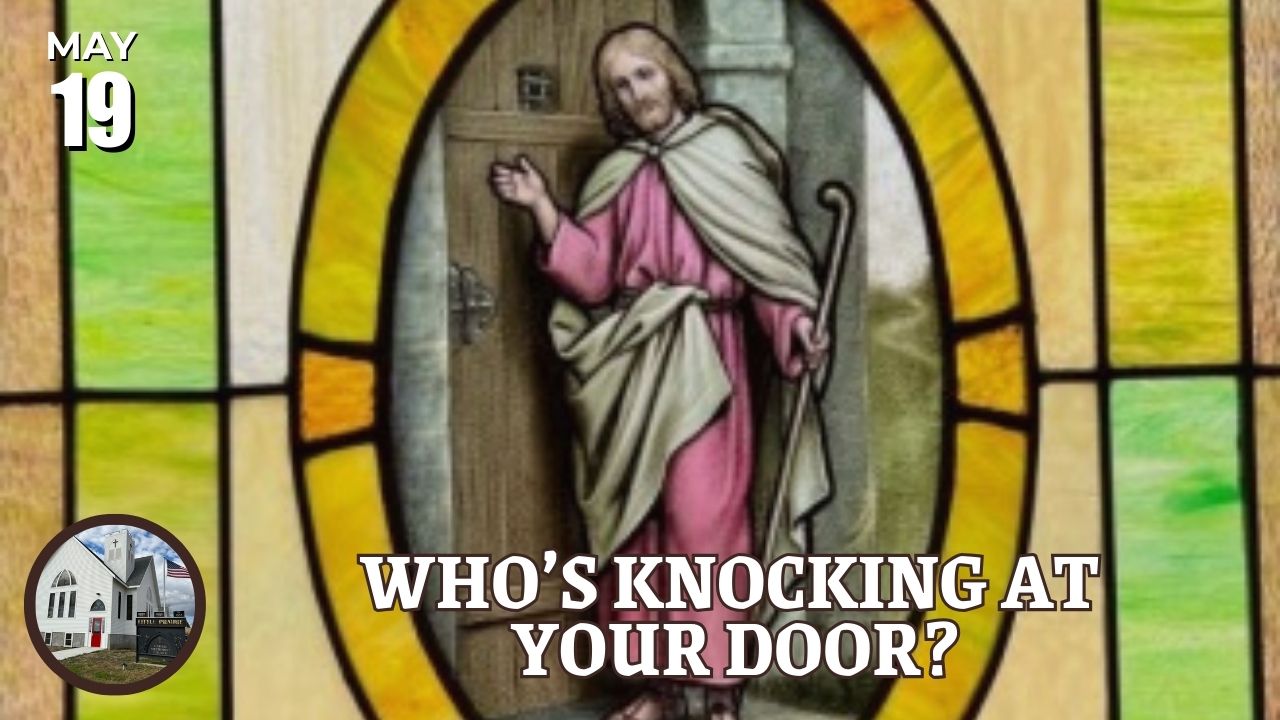 Stained glass picture of Jesus knocking at a door